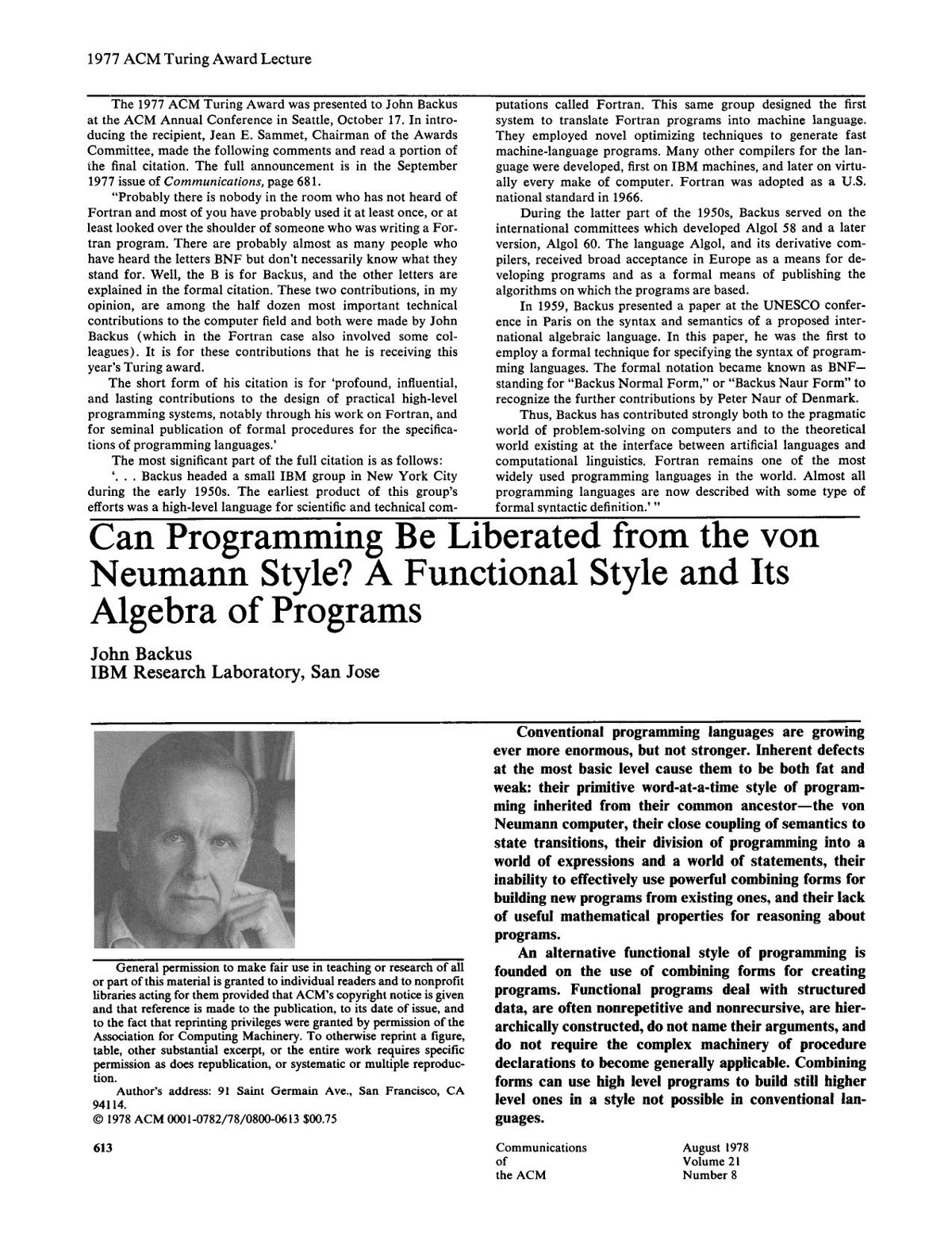 Can Programming be Liberated from the von Neumann Style? A Functional Style and Its Algebra of Programs