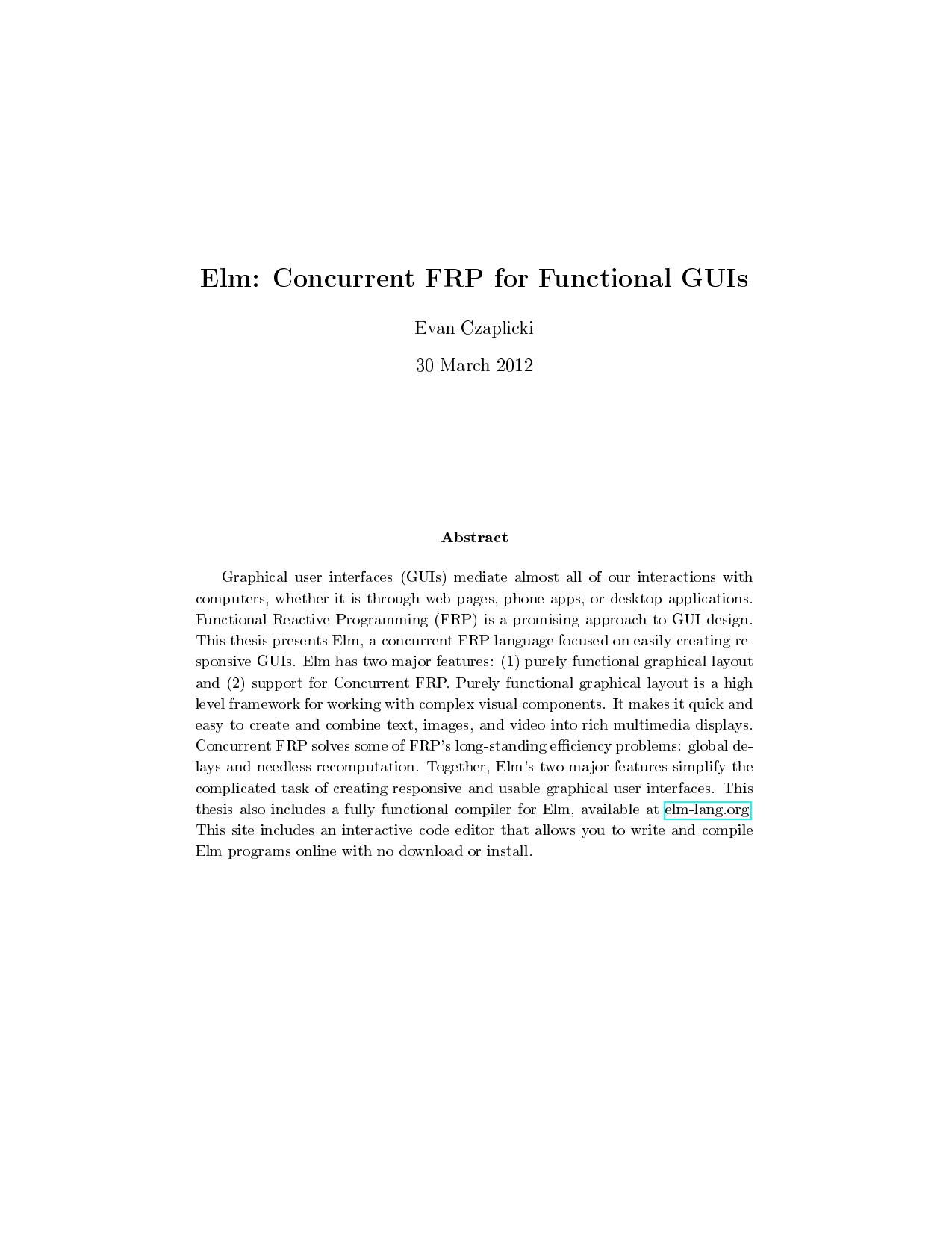 Elm: Concurrent FRP for Functional GUIs