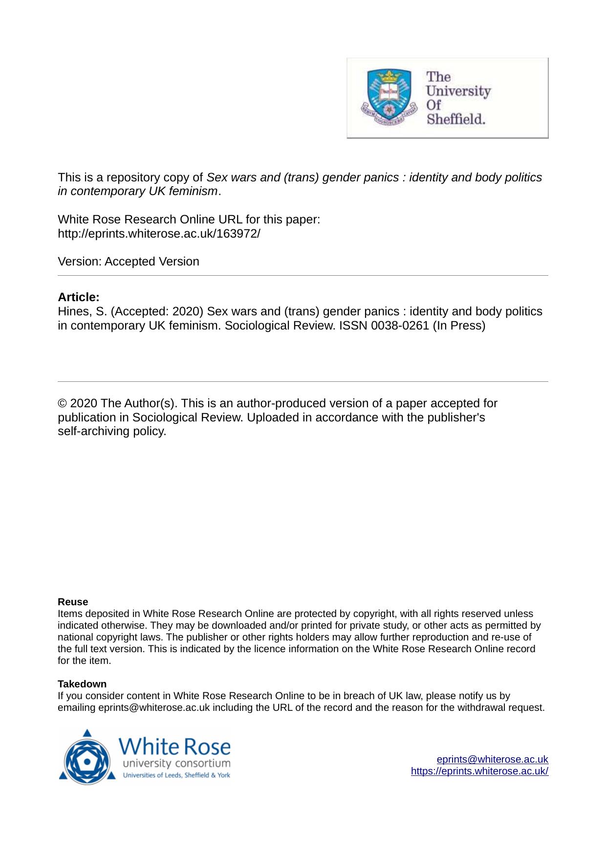 Sex wars and (trans) gender panics: Identity and body politics in contemporary UK feminism